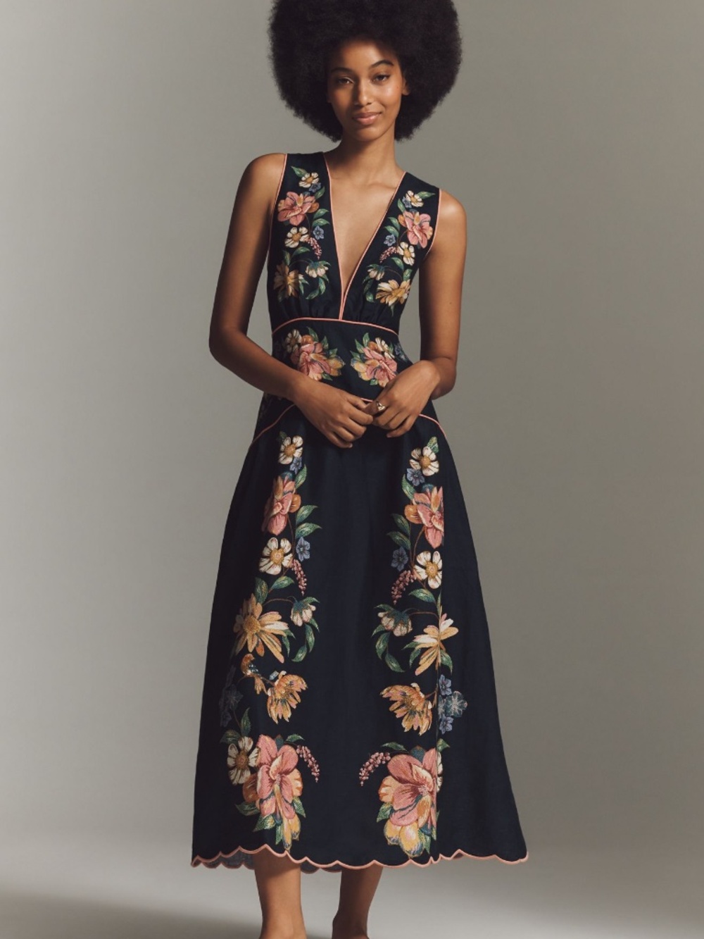 NWT Farm Rio Anthropologie Maira Navy Blue Floral Linen Plunge Maxi Dress Small